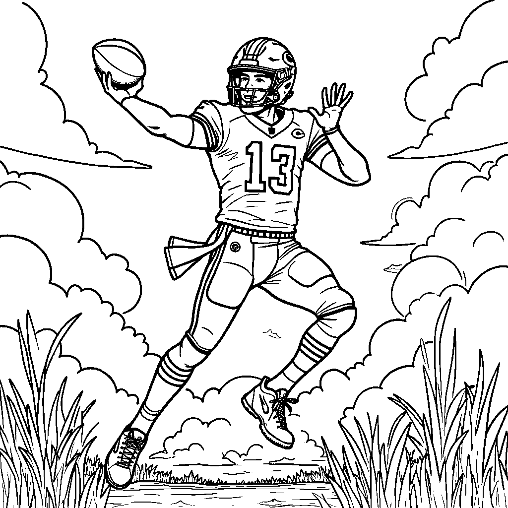 A magical scene of Patrick Mahomes throwing a golden football into the clouds