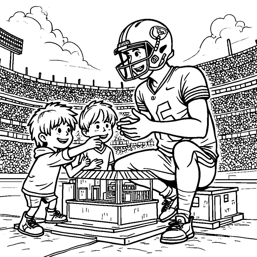 Patrick Mahomes building a model of a stadium with children