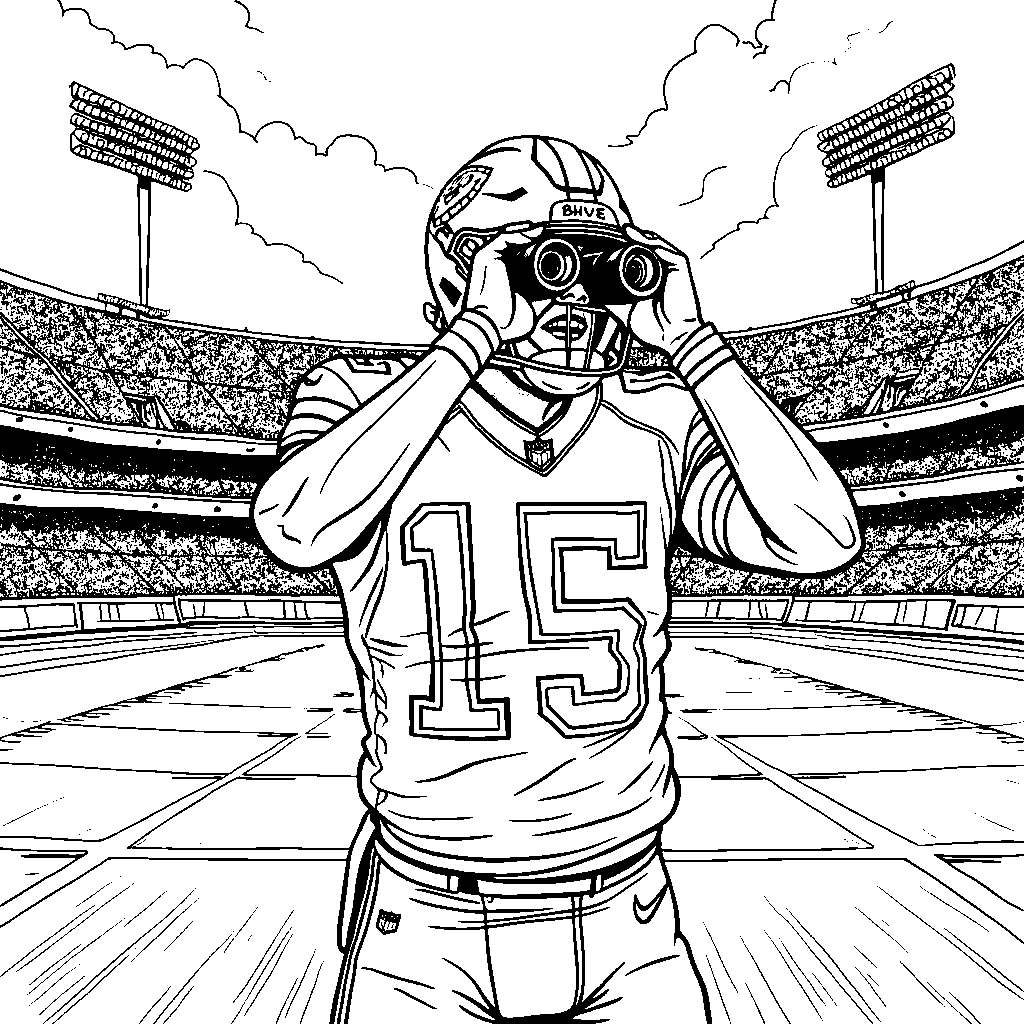 Patrick Mahomes looking through binoculars at a football game