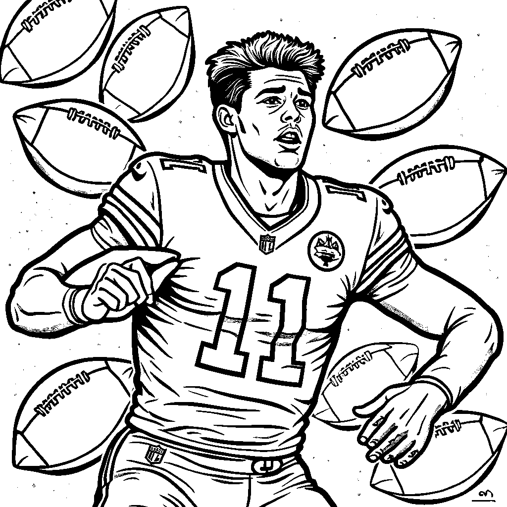 Patrick Mahomes surrounded by colorful footballs of different sizes