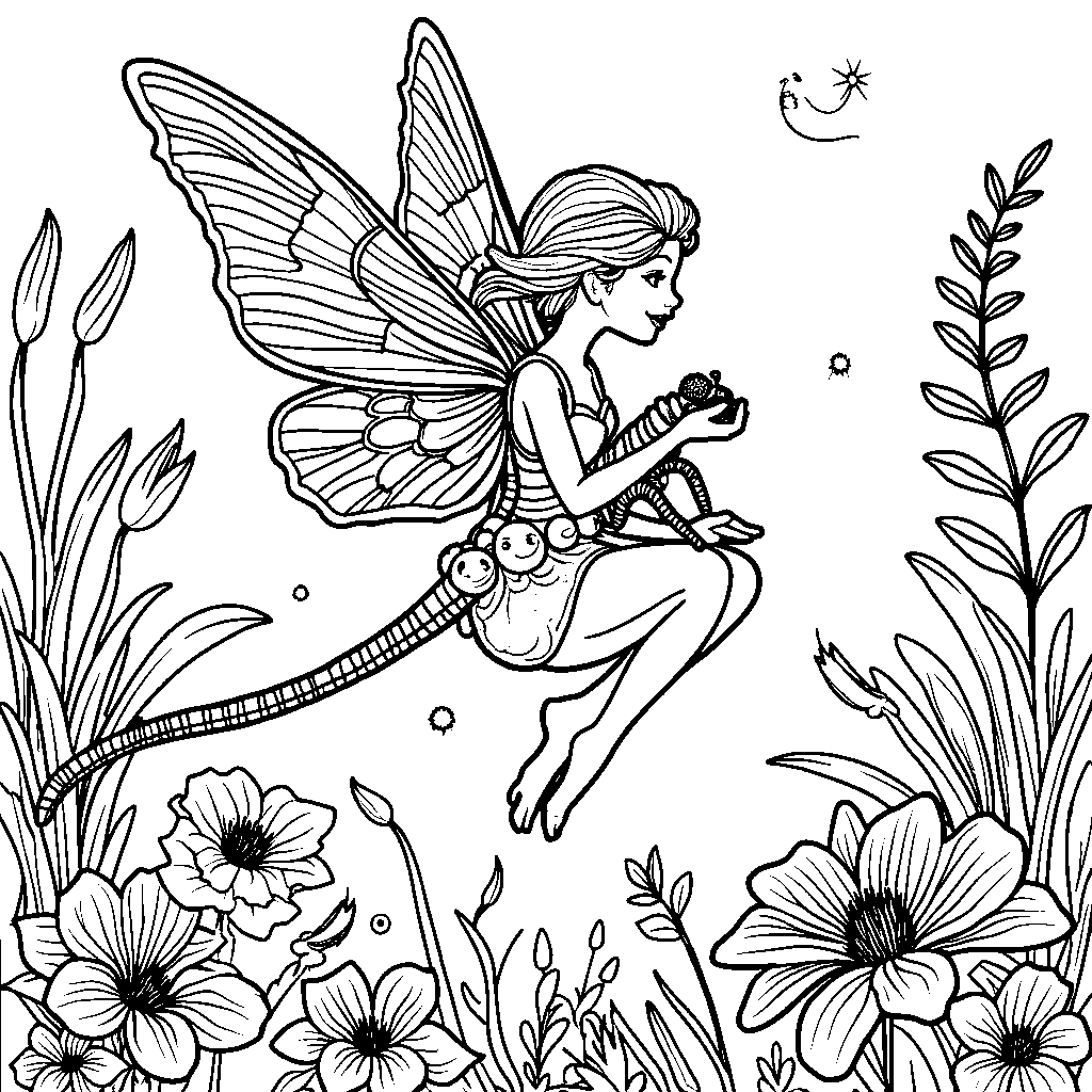 A fairy riding a dragonfly