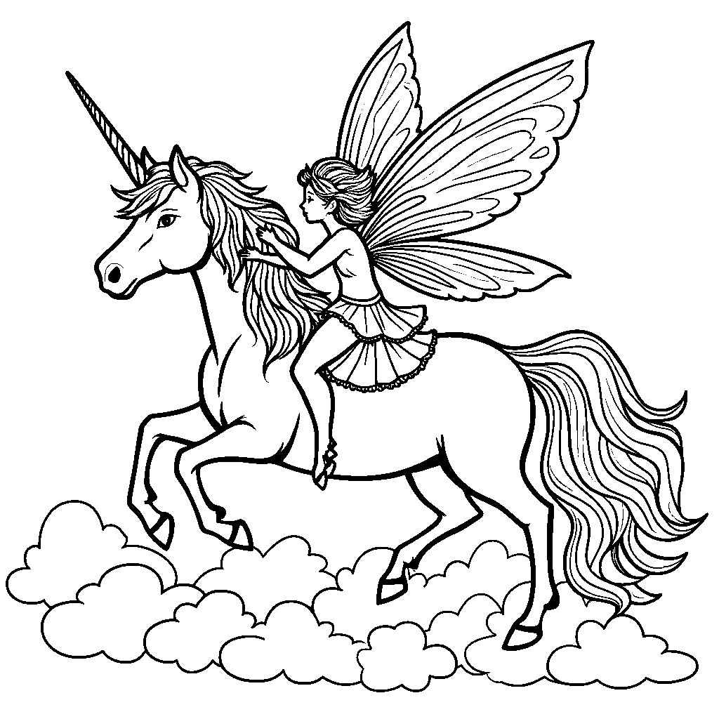 A fairy riding a unicorn through the clouds