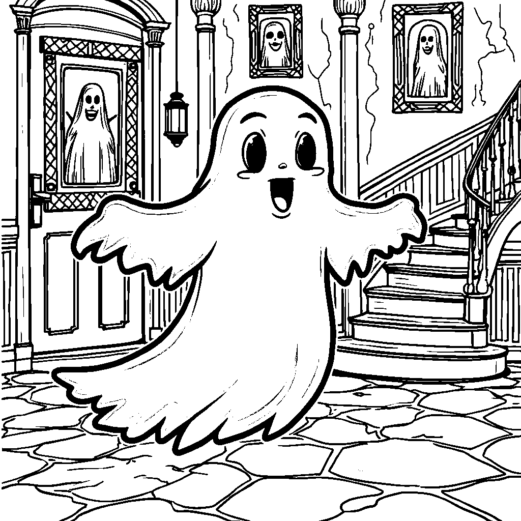 A friendly ghost floating through a haunted house