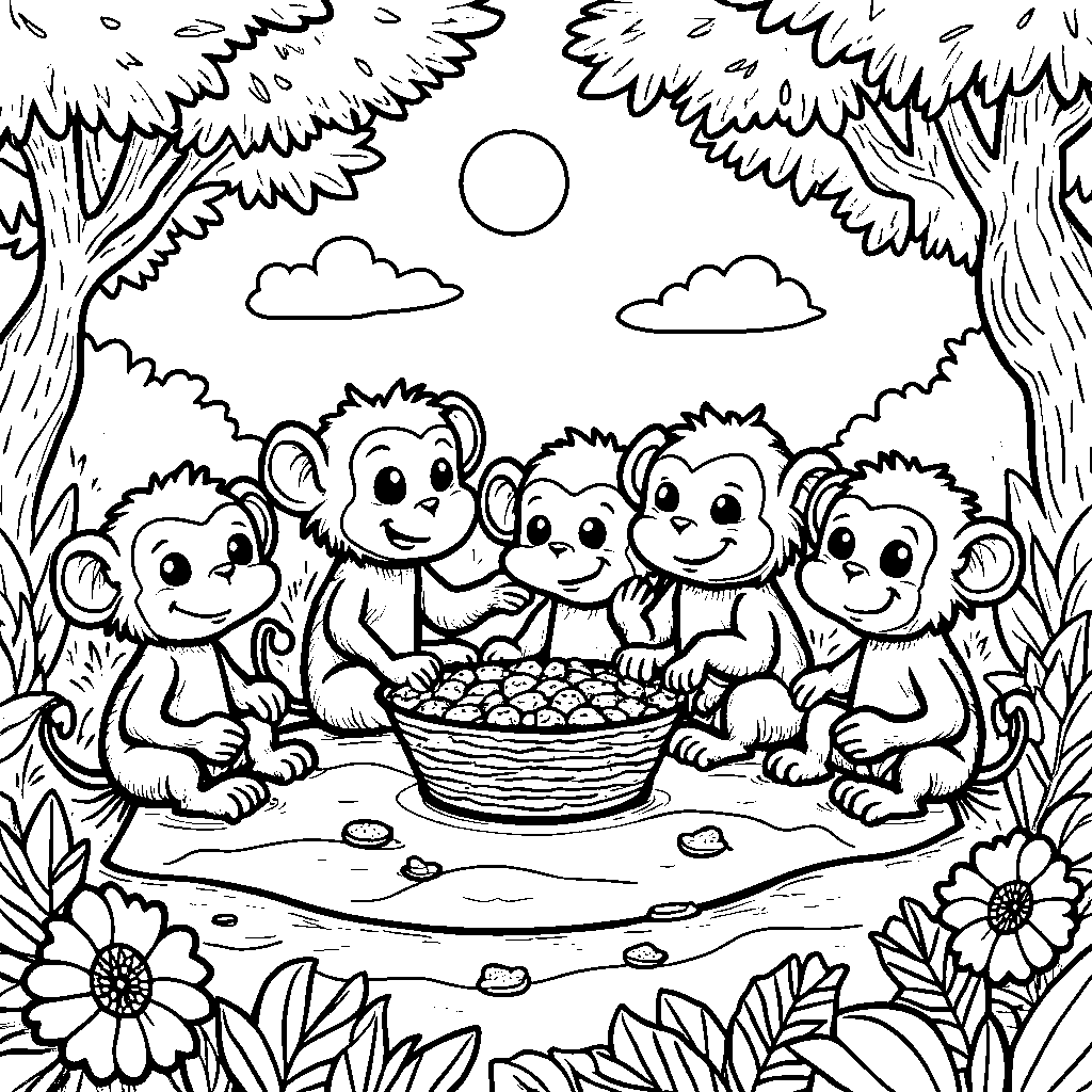 A group of monkeys having a picnic