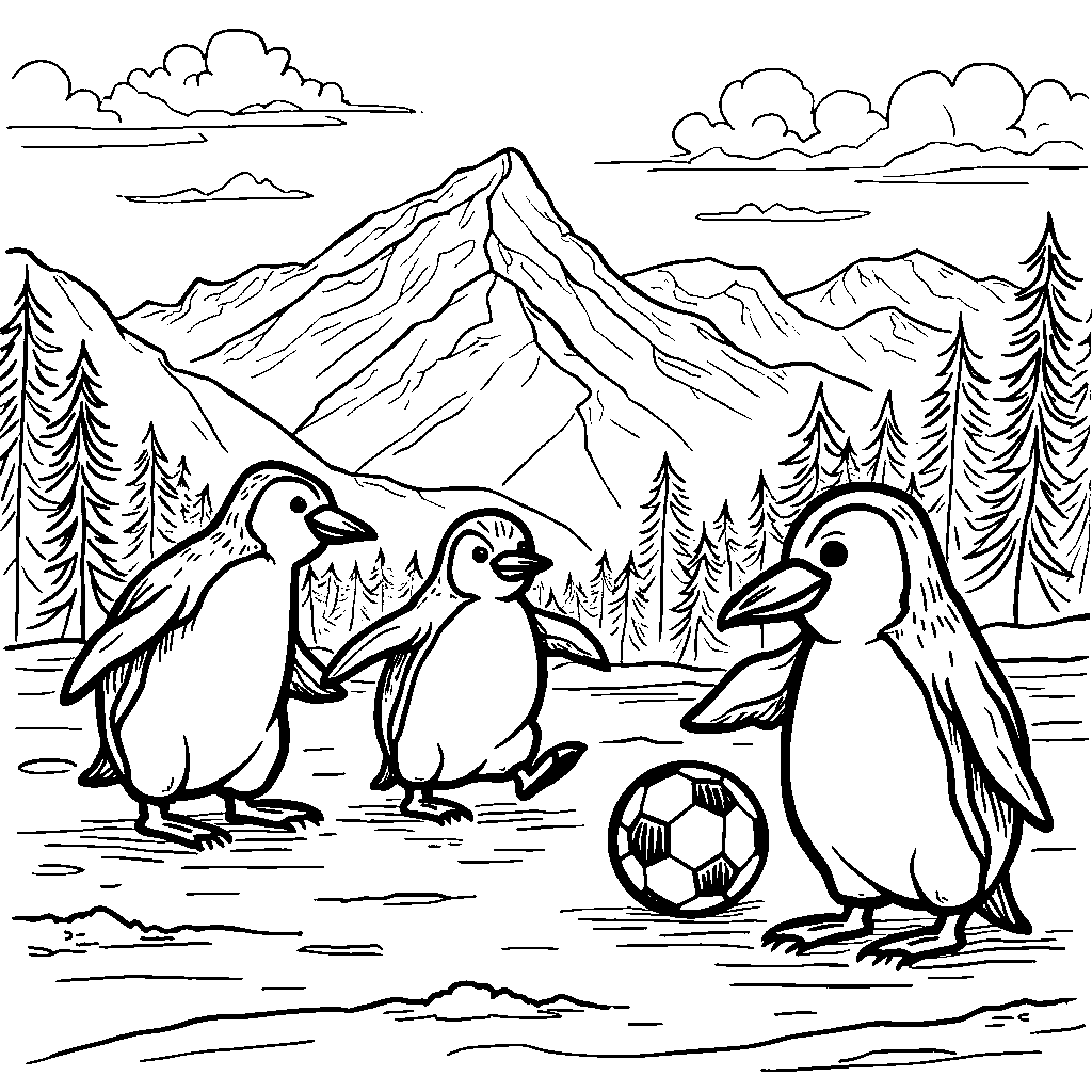 A group of penguins playing soccer