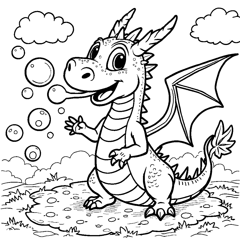 A happy dragon blowing bubbles