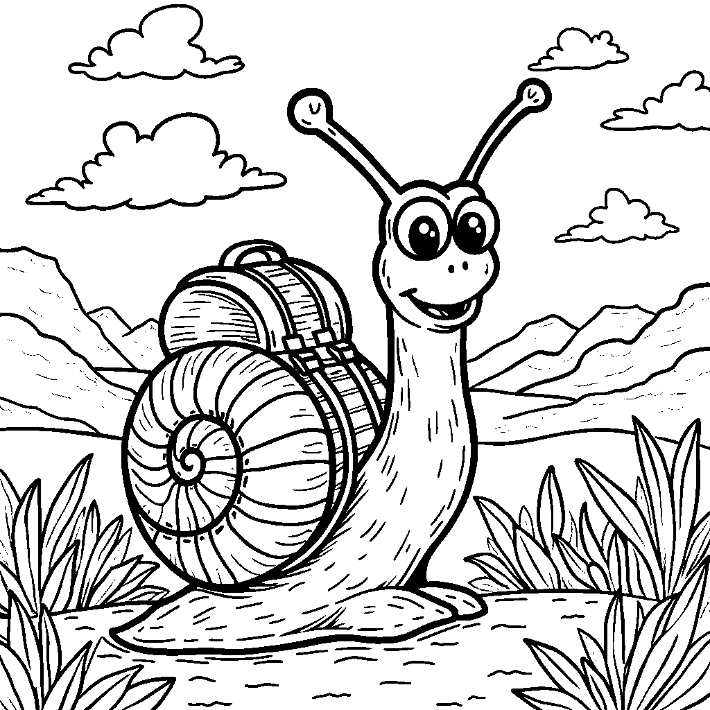 A happy snail wearing a backpack