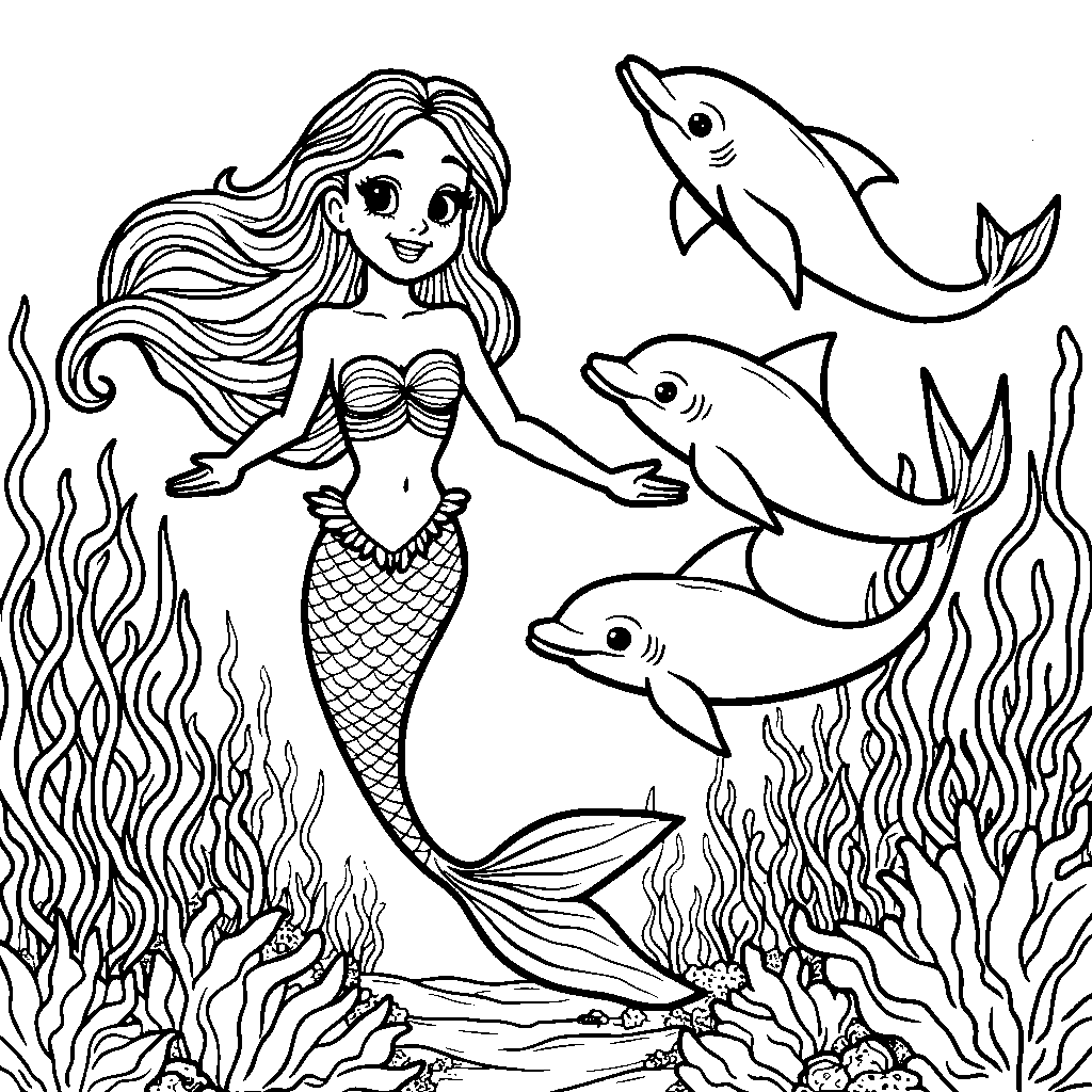 A mermaid swimming with dolphins