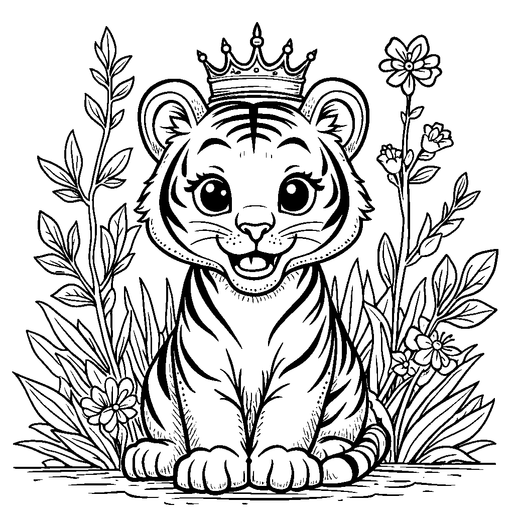 A happy tiger wearing a crown