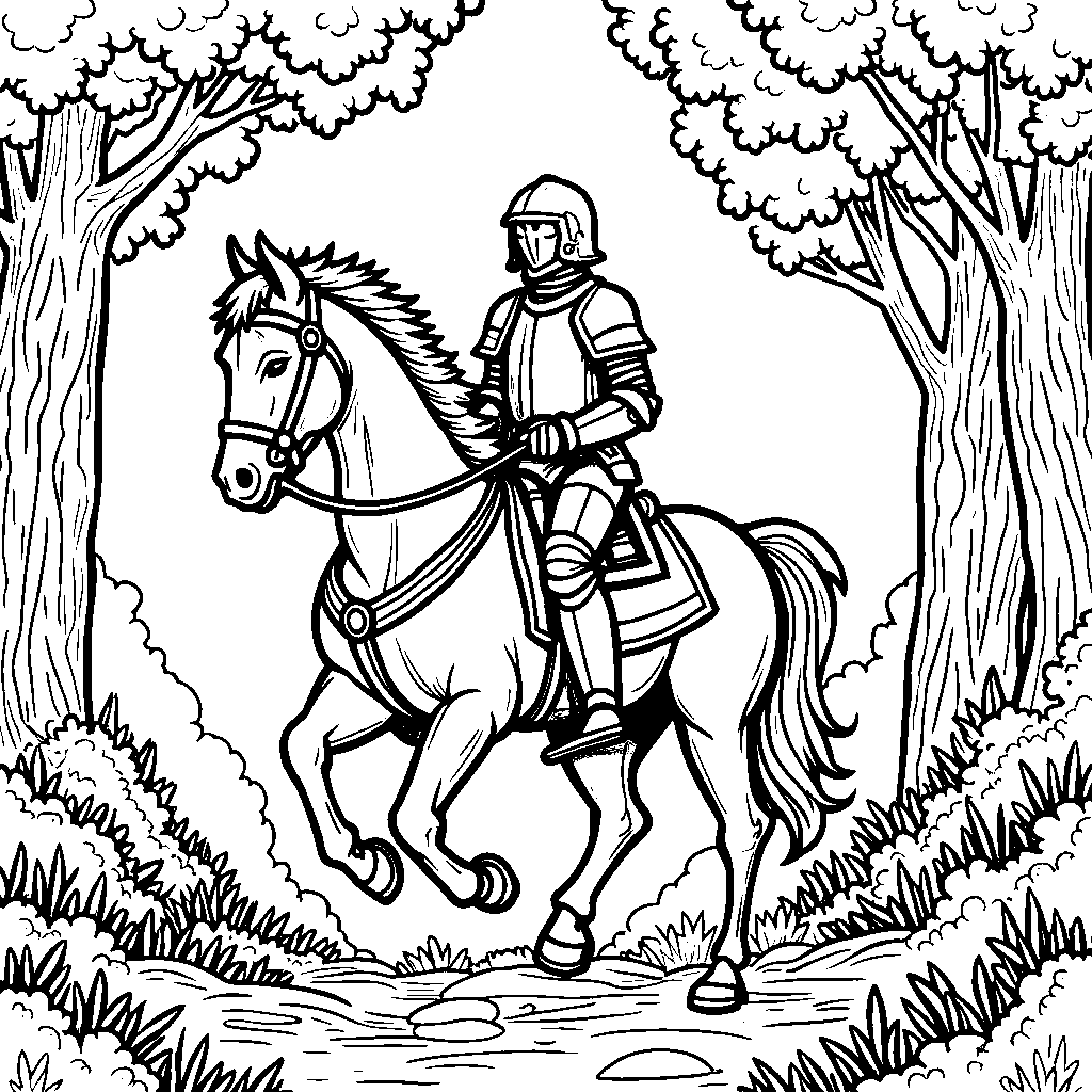 A knight riding a horse through a medieval forest