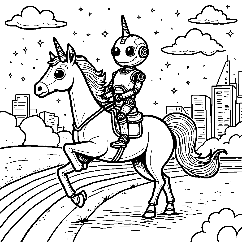 A robot riding a unicorn