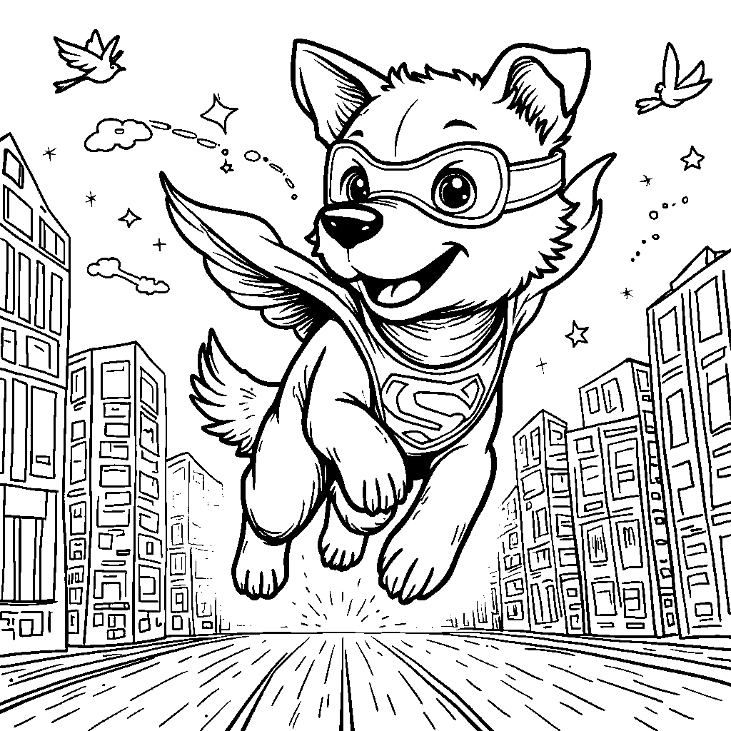 A superhero dog flying through the air