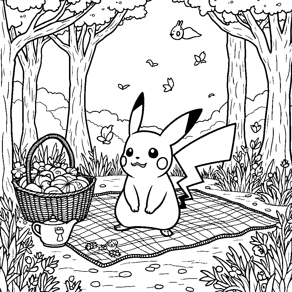 Pikachu having a picnic in the forest