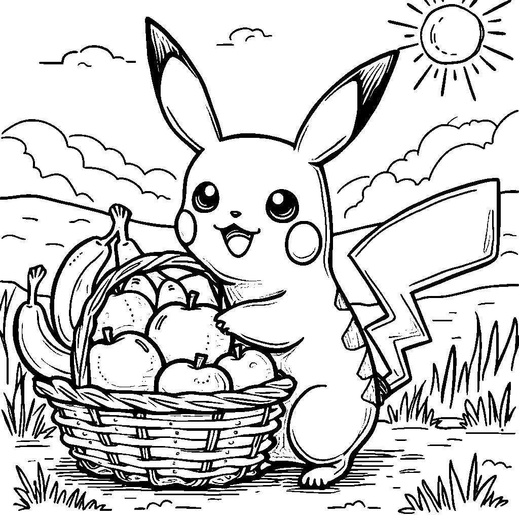 Pikachu holding a basket of fruit