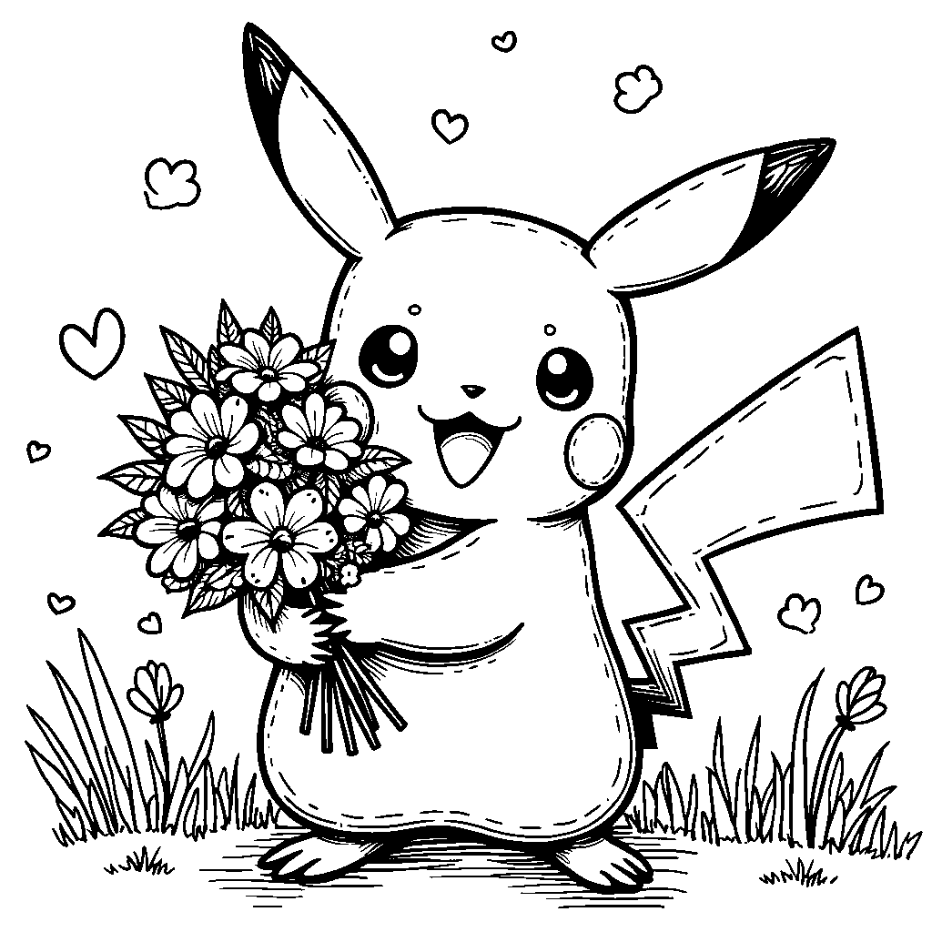 Pikachu holding a bouquet of flowers