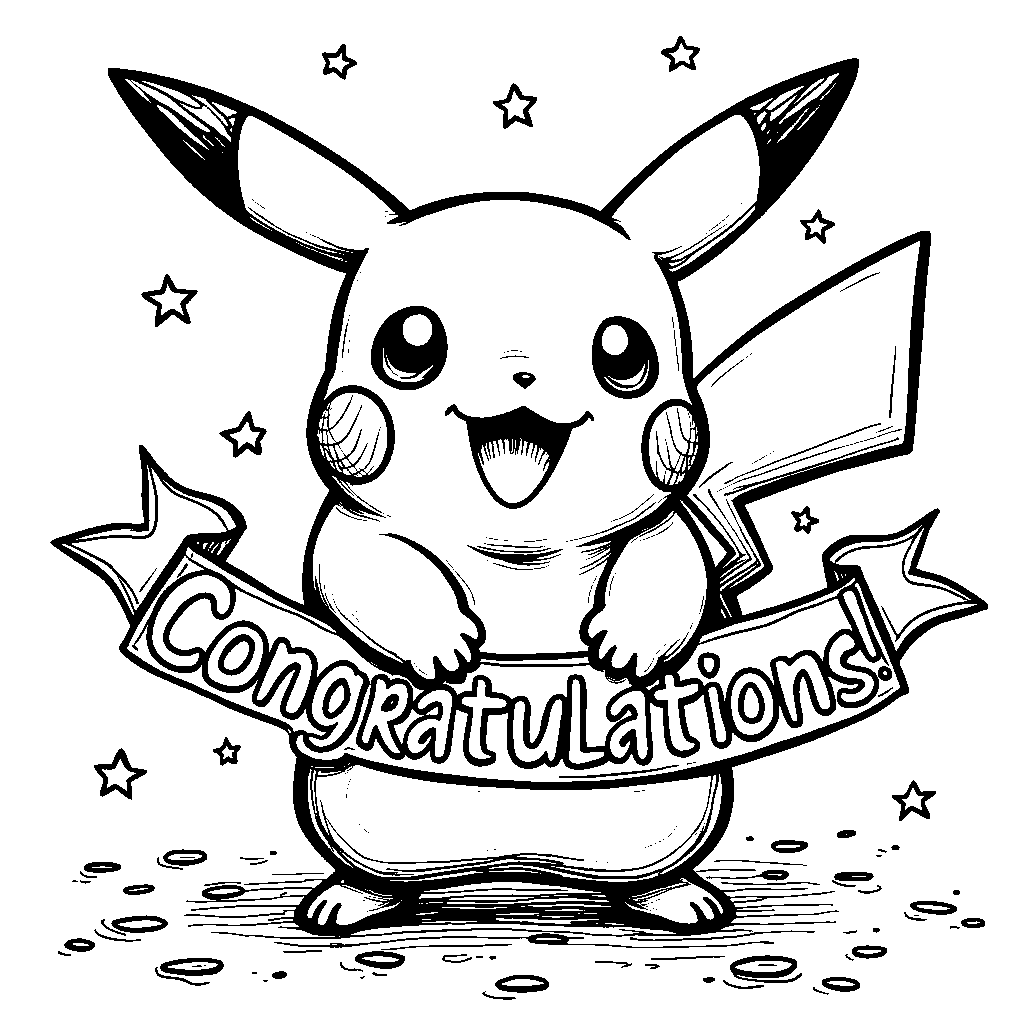 Pikachu holding a 'Congratulations' banner