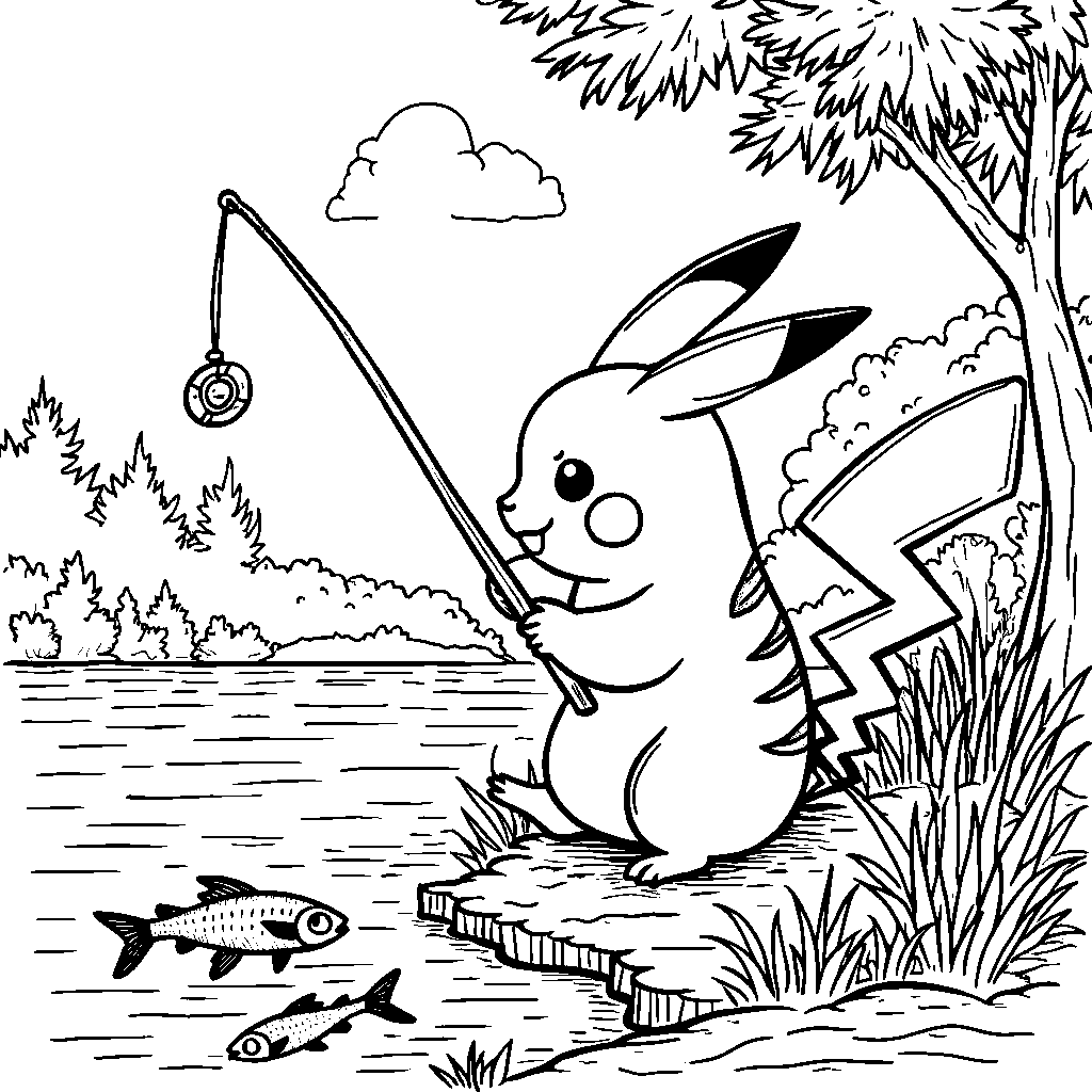 Pikachu holding a fishing rod