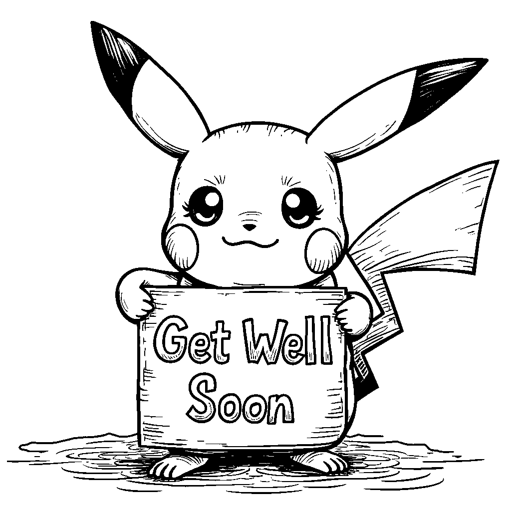 Pikachu holding a 'Get Well Soon' card