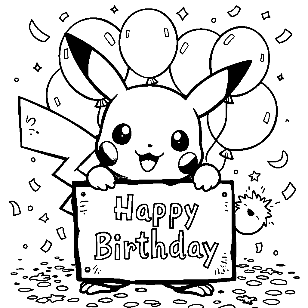 Pikachu holding a 'Happy Birthday' sign