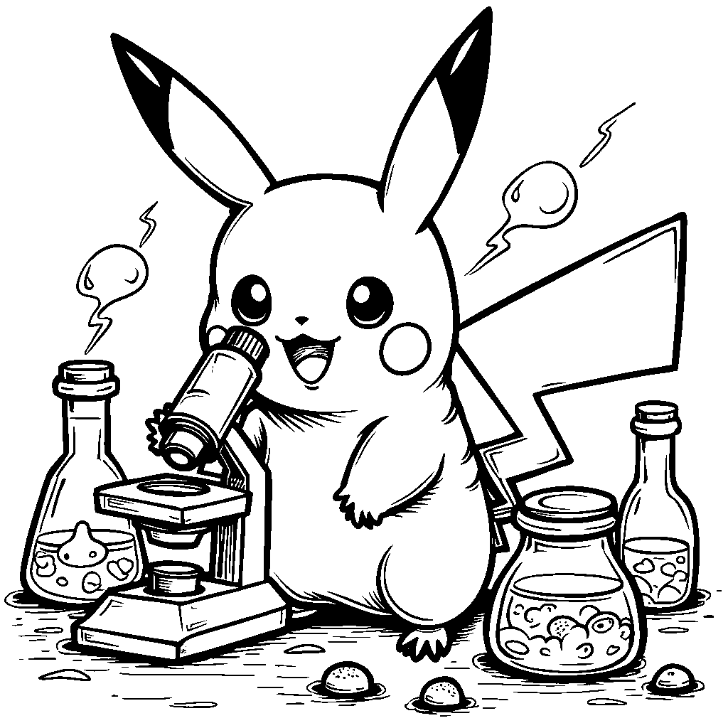 Pikachu holding a microscope