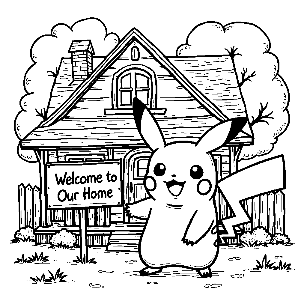 Pikachu holding a 'Welcome to Our Home' sign