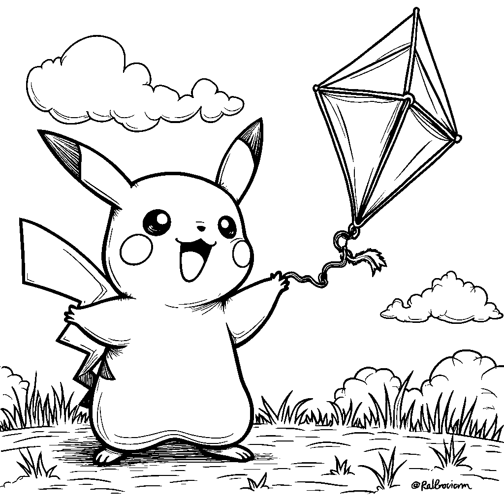 Pikachu playing with a kite