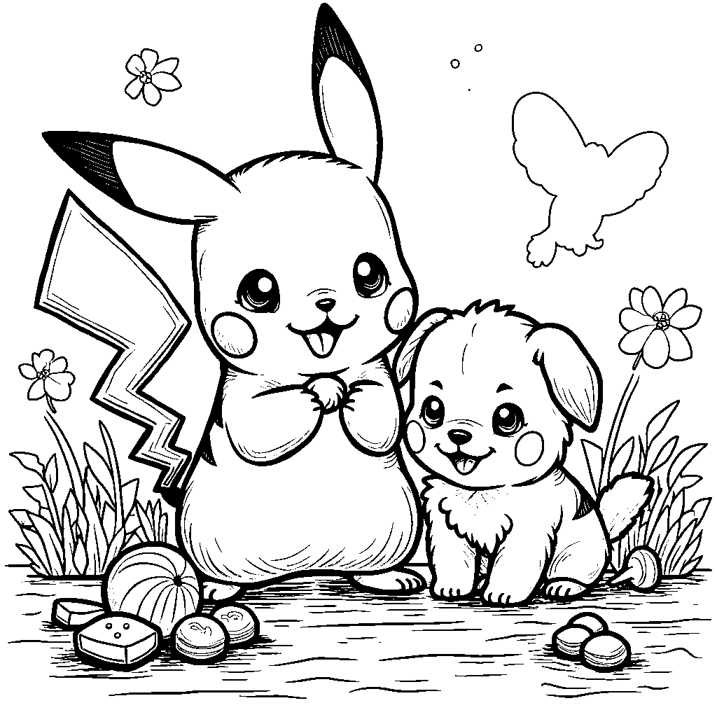 Pikachu playing with a puppy