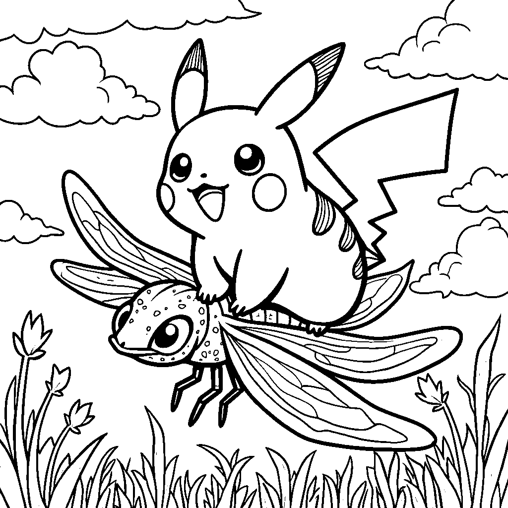 Pikachu riding a dragonfly