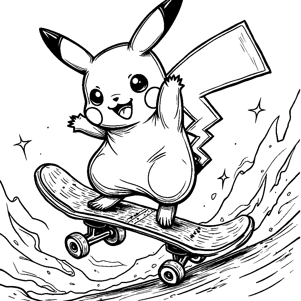 Pikachu riding a skateboard