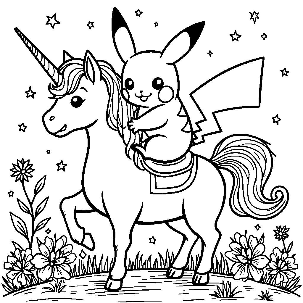 Pikachu riding a unicorn