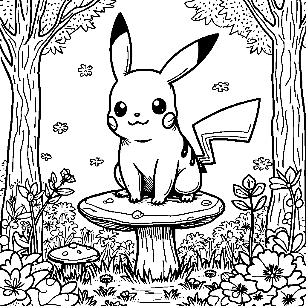 Pikachu sitting on a mushroom