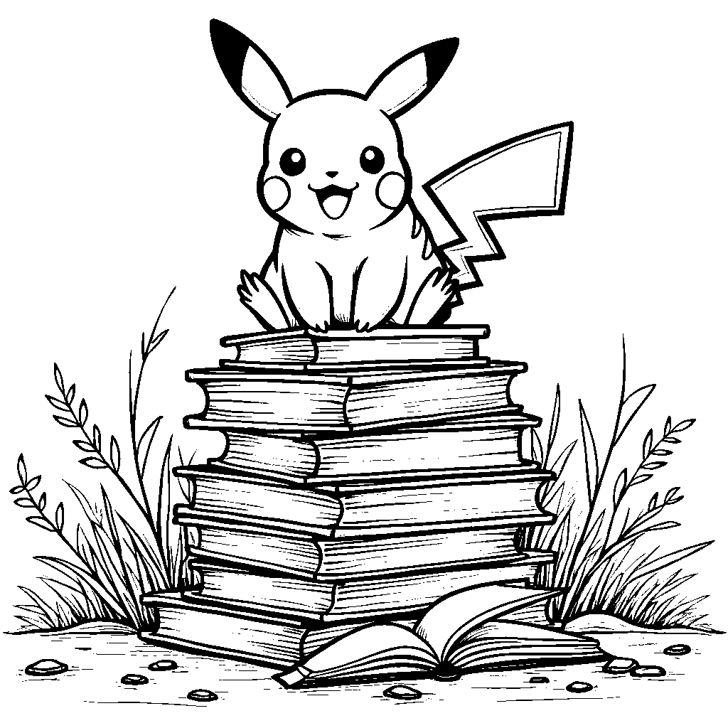 Pikachu sitting on a pile of books