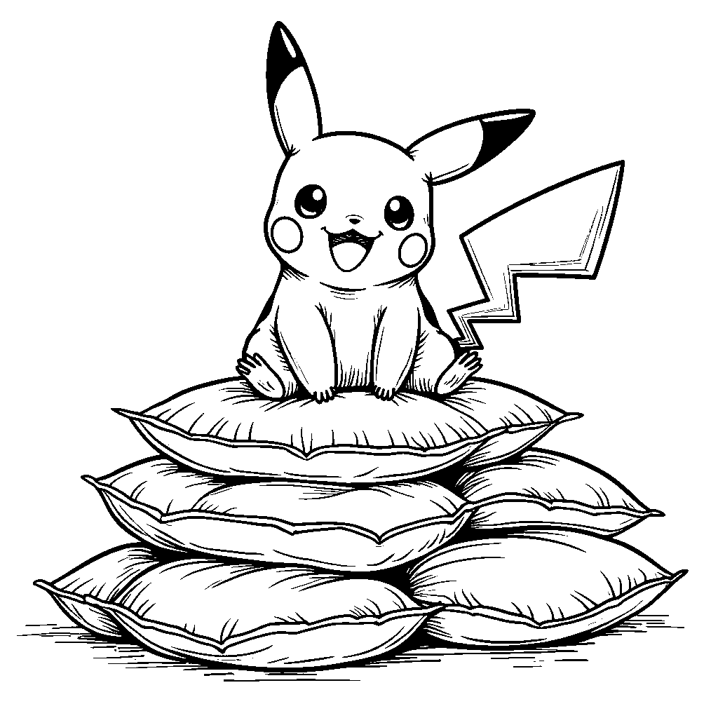 Pikachu sitting on a pile of pillows