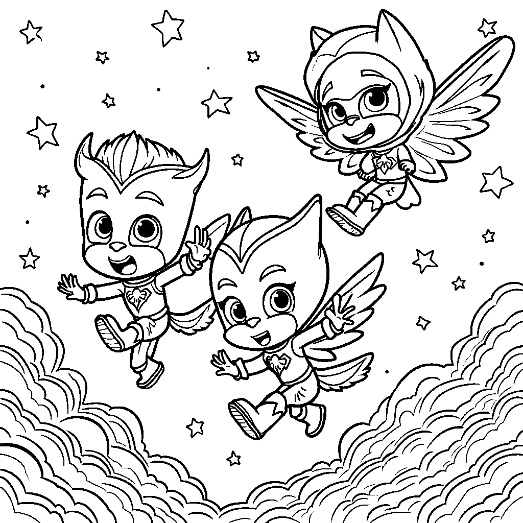 A magical night sky filled with stars and the PJ Masks