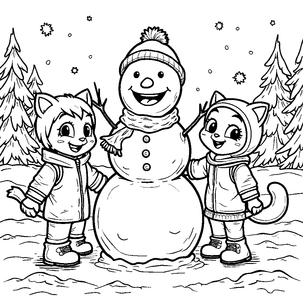 Catboy and his friends making a giant snowman