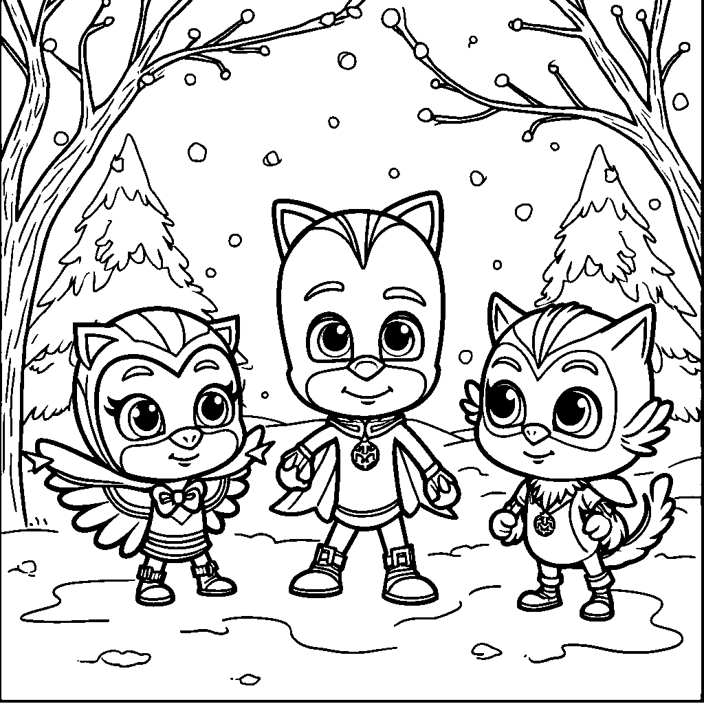 Drawing PJ Masks in a winter wonderland scene