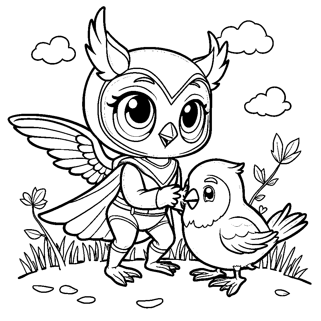 Owlette helping a bird with her wings