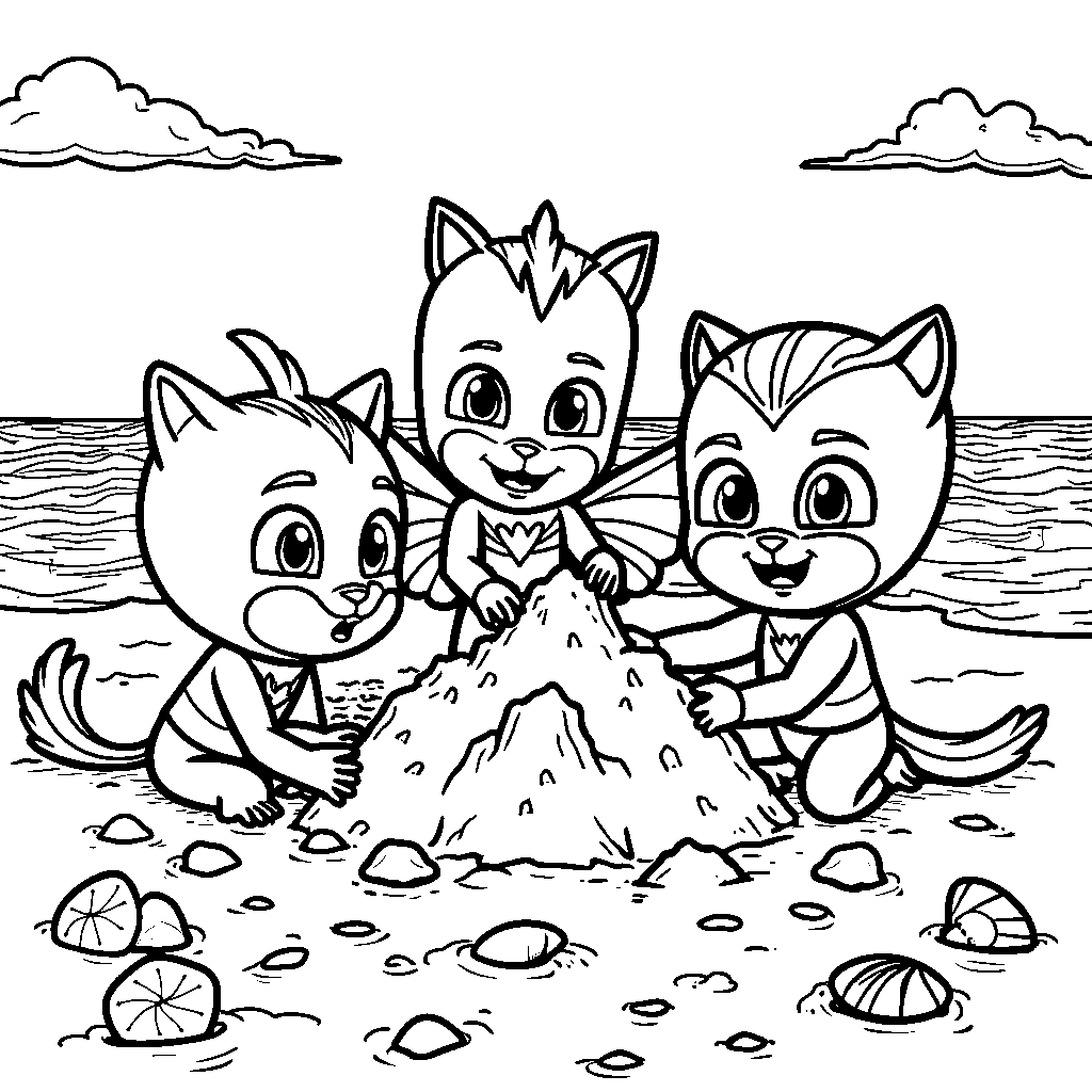 PJ Masks enjoying a beach day with sandcastles