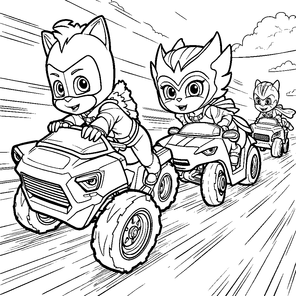 PJ Masks riding on their superhero vehicles