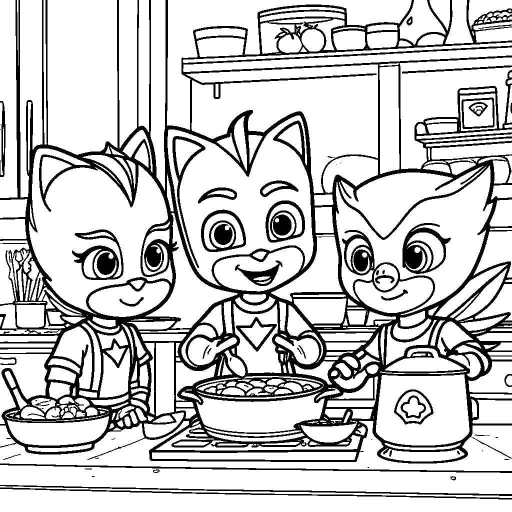 The PJ Masks cooking up a storm in a kitchen