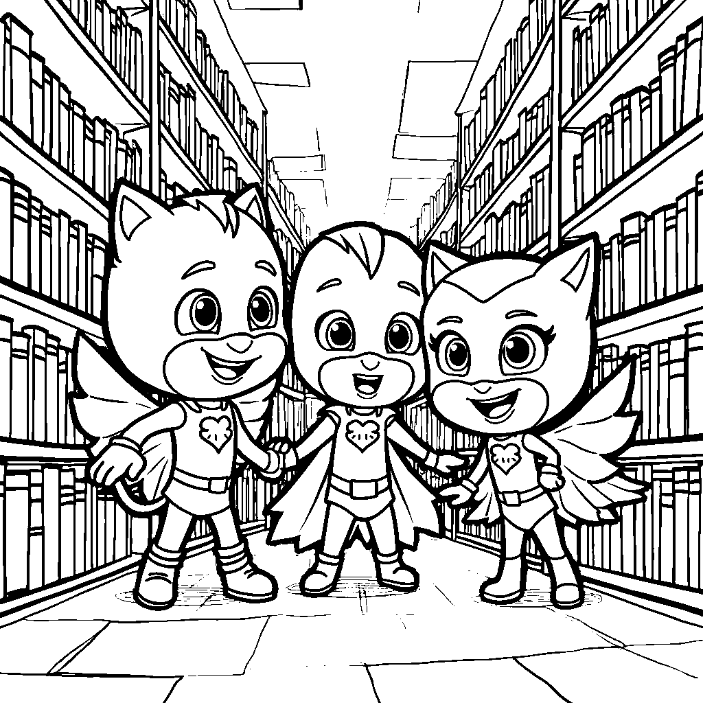 The PJ Masks exploring a magical library