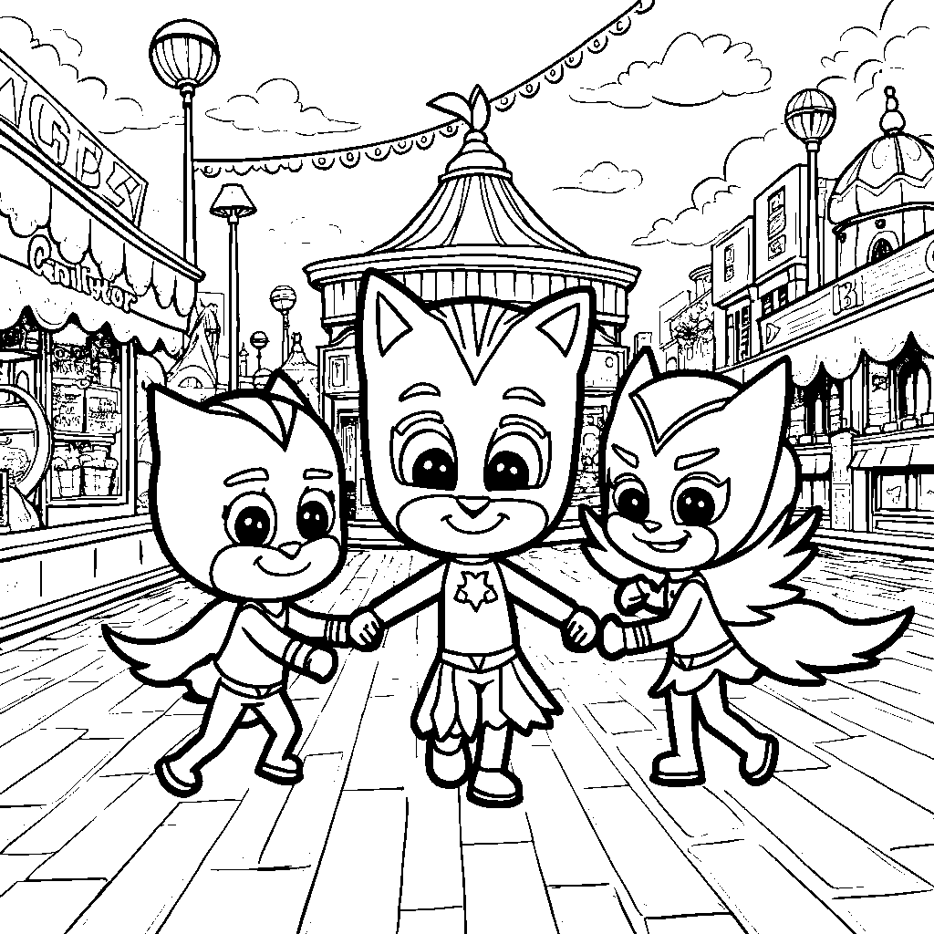 The PJ Masks playing at a fun carnival