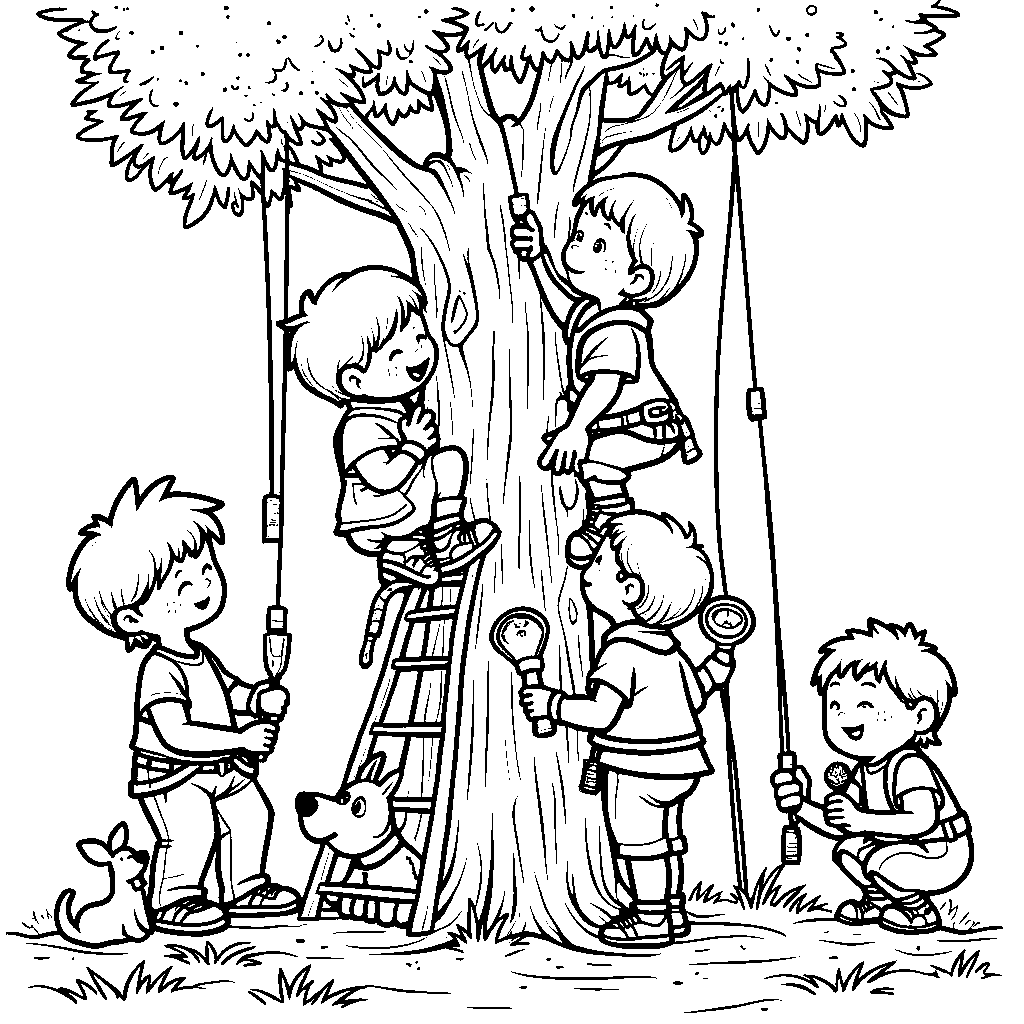 The team rescuing toys from a tree