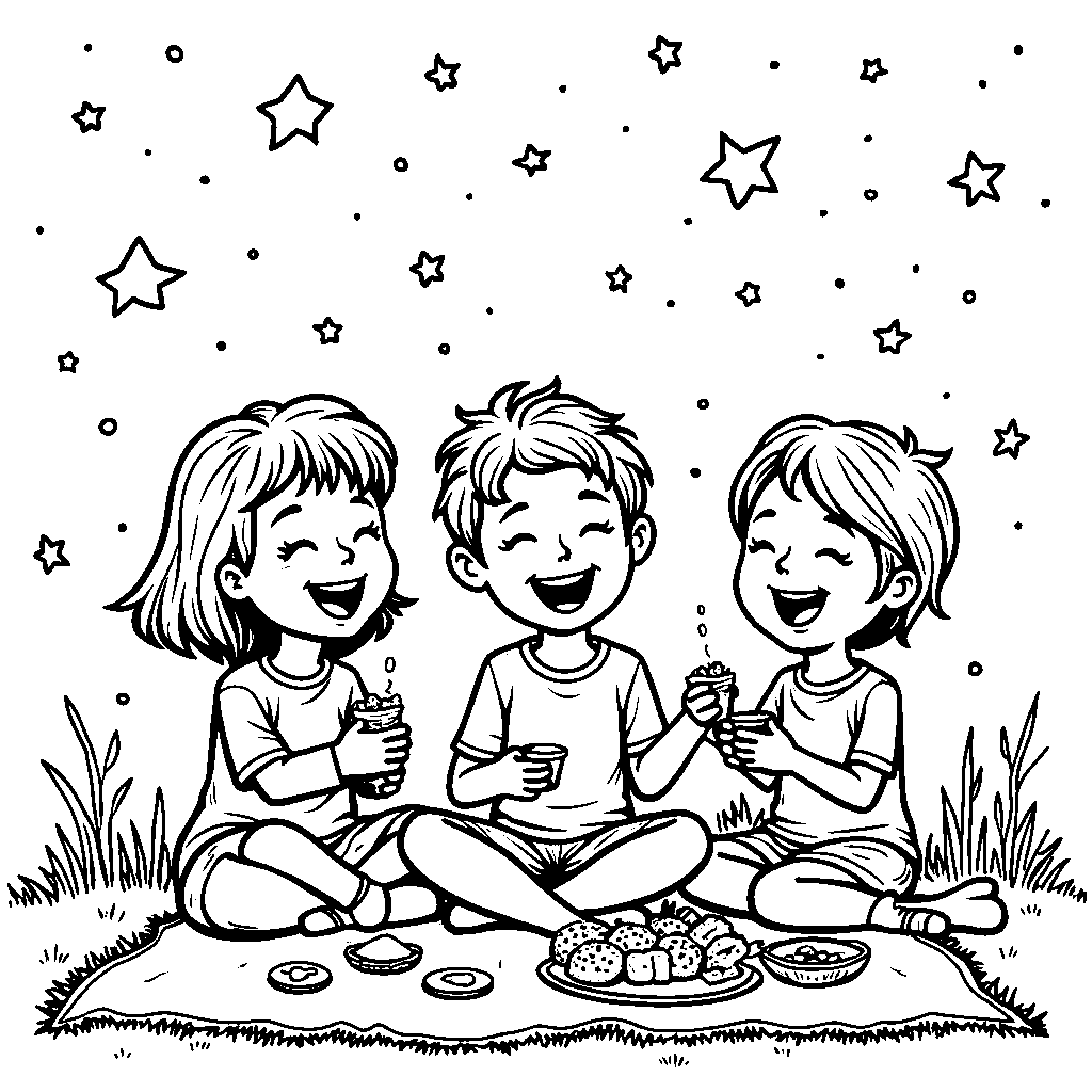 The trio sharing snacks and laughter under the stars