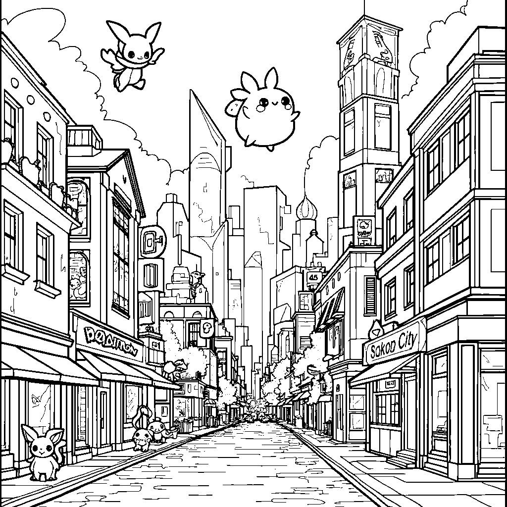 A cityscape with Pokémon buildings and signs