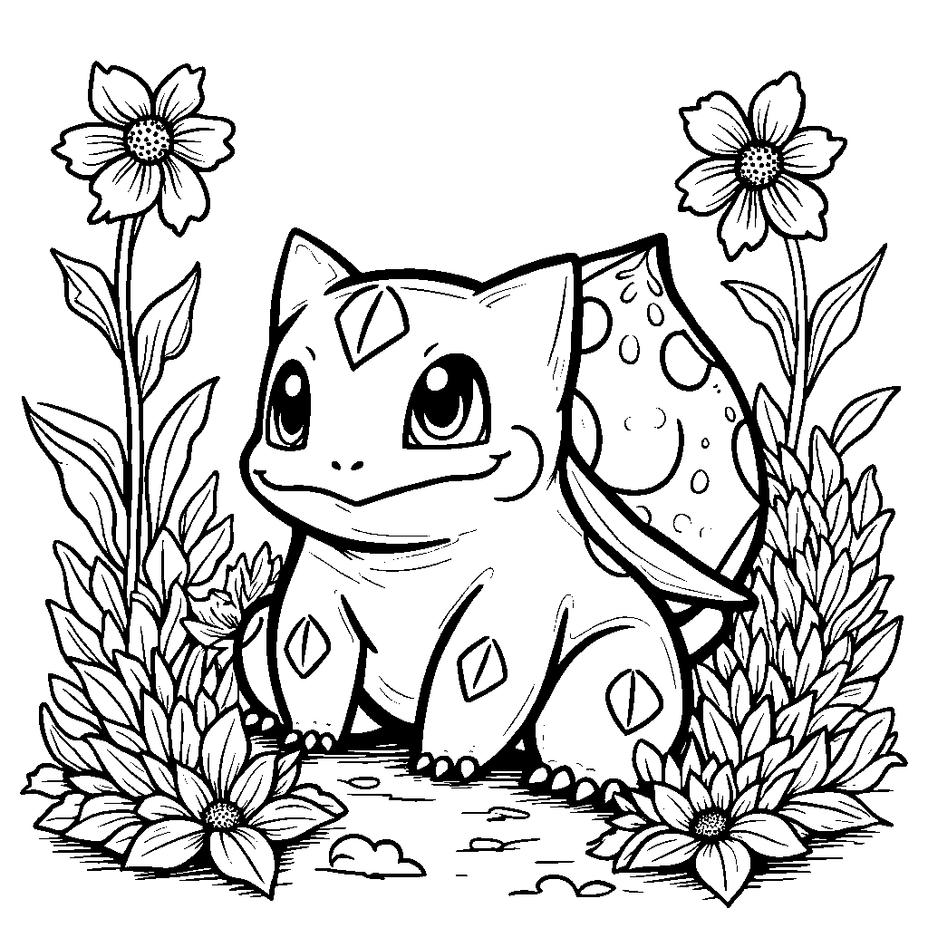 Bulbasaur growing flowers in a garden