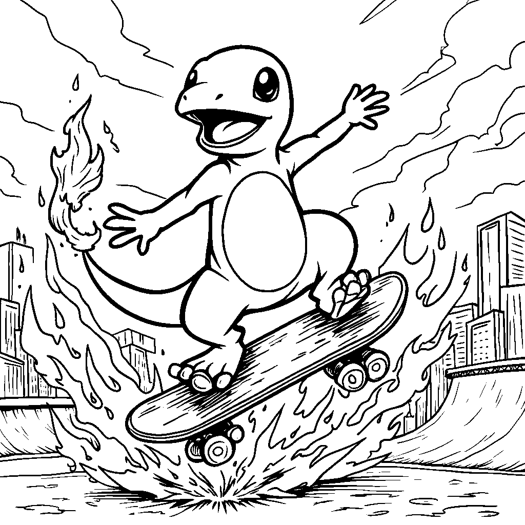 Charmander riding a skateboard