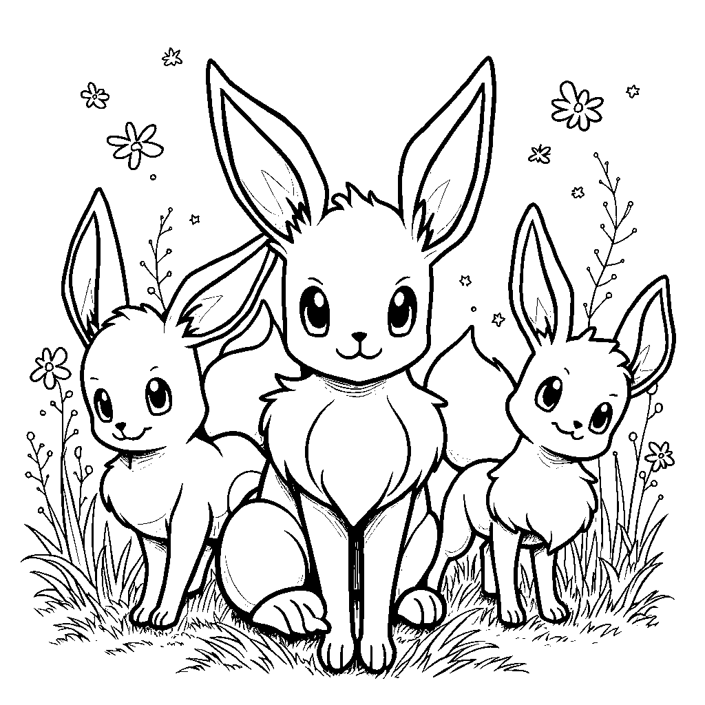 Eevee surrounded by its evolutions