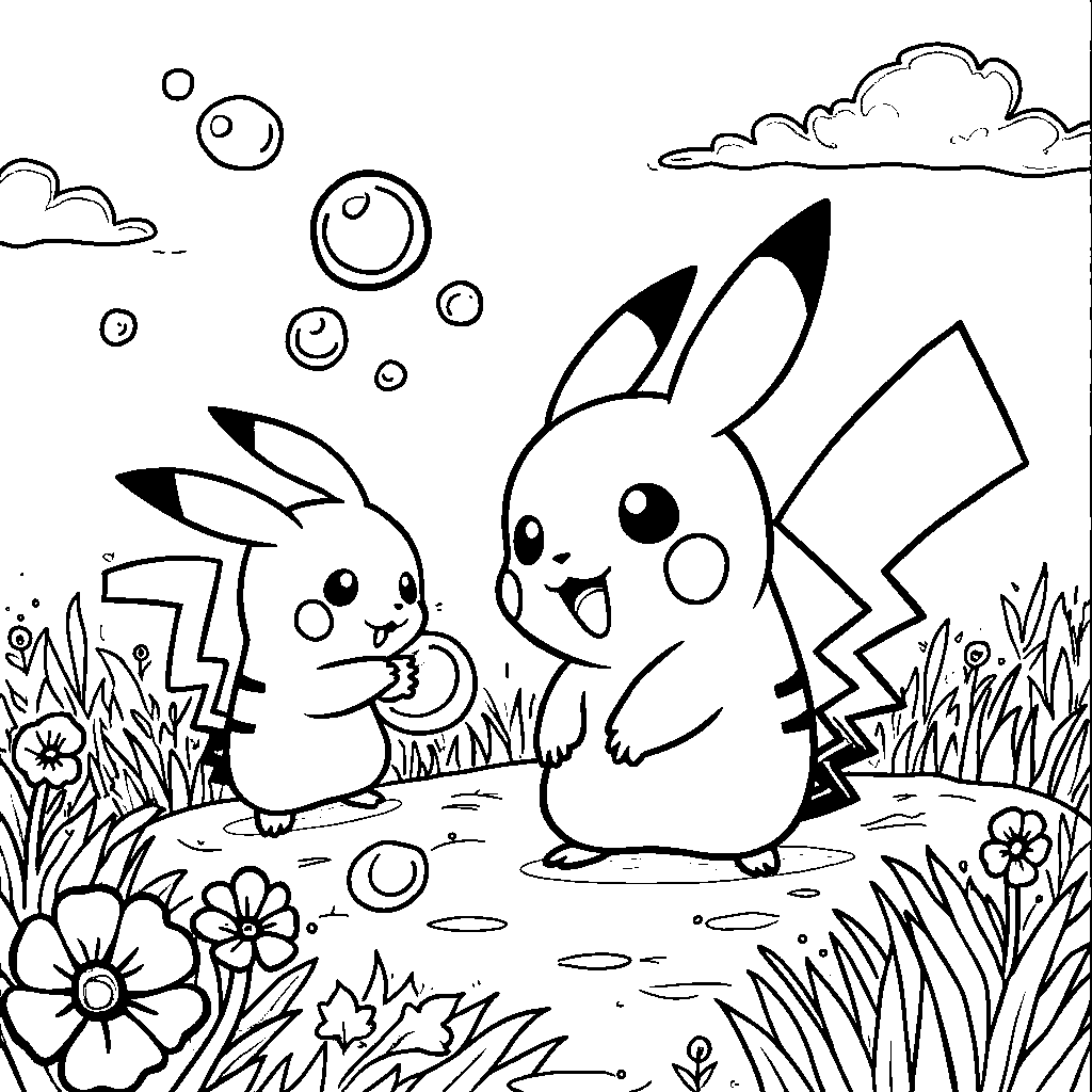 Pikachu and friends playing with bubbles