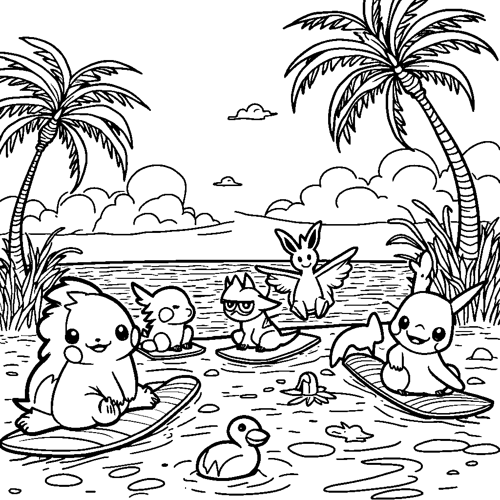 A Pokémon beach with Pokémon surfing and swimming